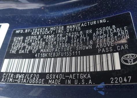 2015 Toyota Avalon Xle Premium z USA, uszkodzony, nr VIN 4T1BK1EB3FU155111